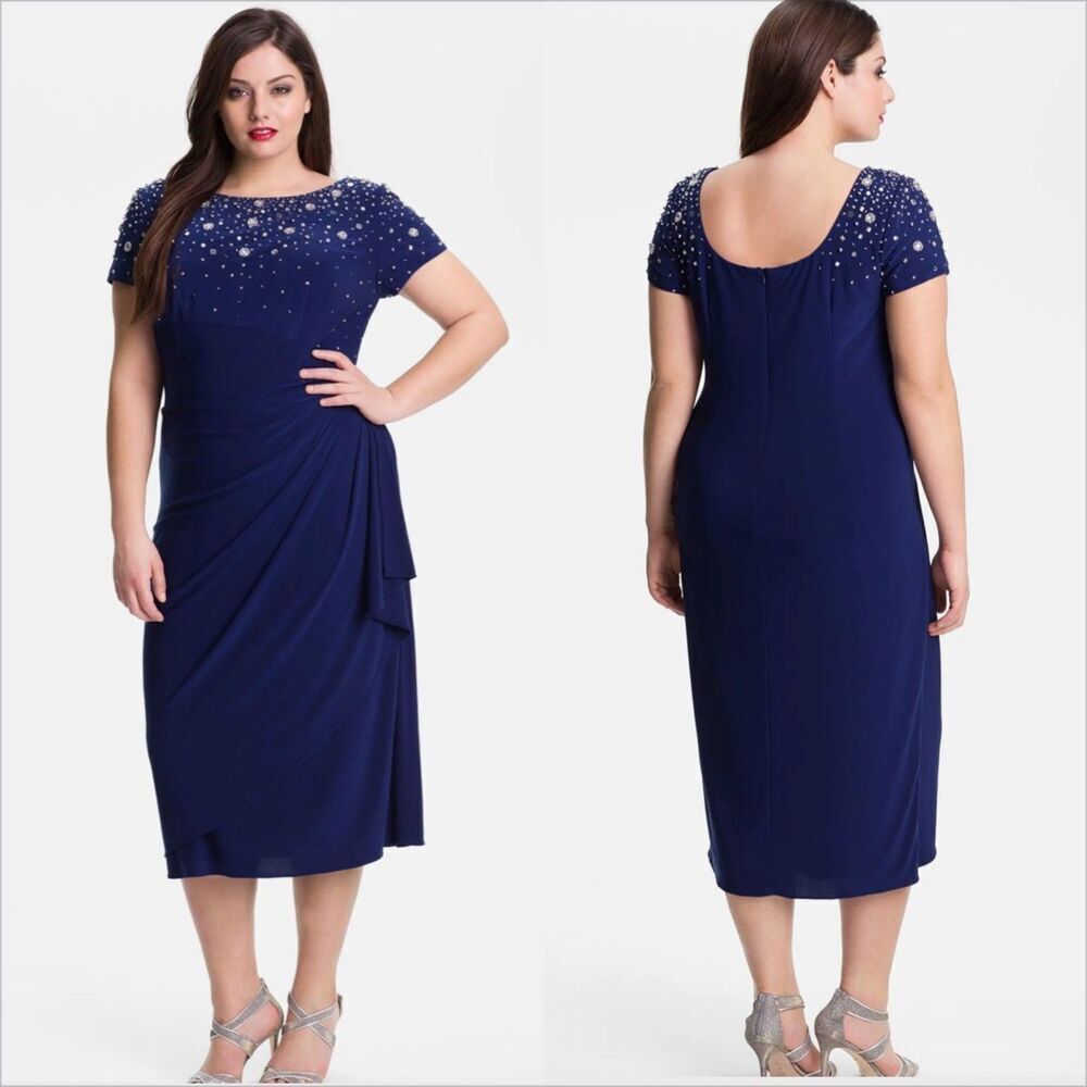 Alex Evenings Cap Sleeve Embellished Dress Size 12 NWT Royal Blue MOTB Wedding